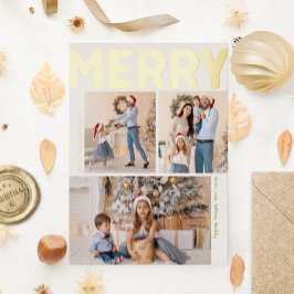 Postal Festiva Con Relieve Metalizado Negrita vertical tres fotos Merry Gold
