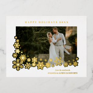 Postal Festiva Con Relieve Metalizado Newlyweds First Christmas Snowflakes Frame Photo