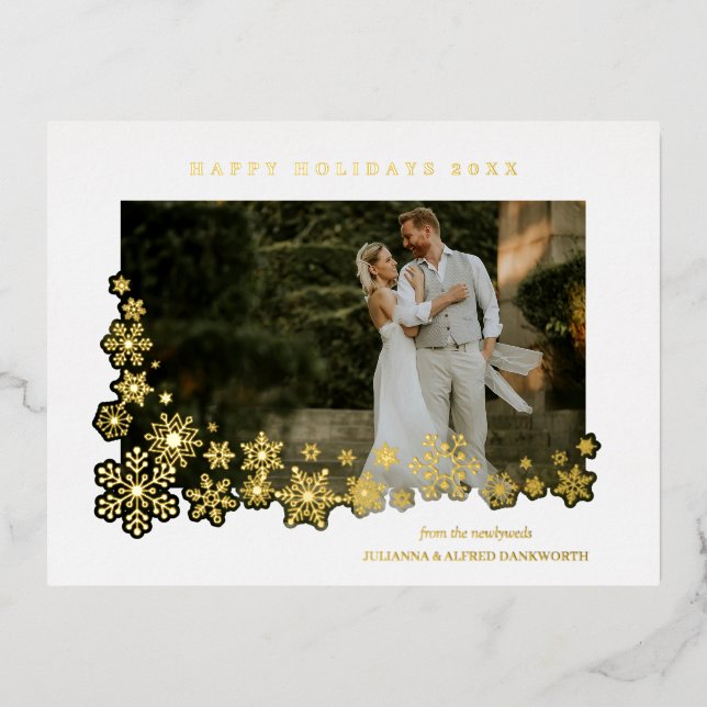 Postal Festiva Con Relieve Metalizado Newlyweds First Christmas Snowflakes Frame Photo (Anverso)