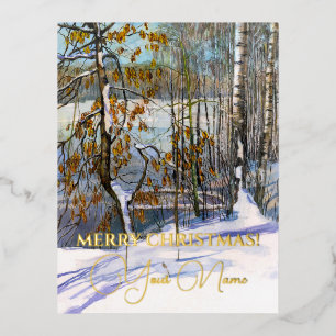 Postal Festiva Con Relieve Metalizado Nieve caída Acuarela