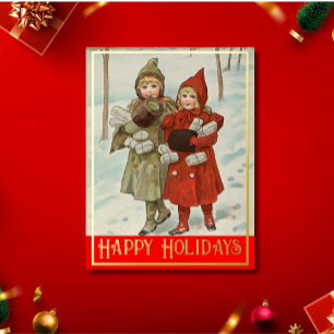 Postal Festiva Con Relieve Metalizado Niñas vitícolas con paquetes - Relieve metalizado 