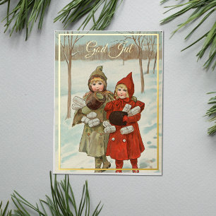 Postal Festiva Con Relieve Metalizado Niñas vitícolas con parcelas - doradas