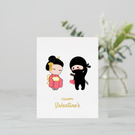 Postal Festiva Con Relieve Metalizado Ninja y Geisha Feliz Valentine