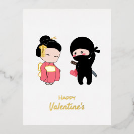 Postal Festiva Con Relieve Metalizado Ninja y Geisha Feliz Valentine