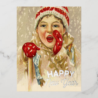 Postal Festiva Con Relieve Metalizado niño vintage en la nieve - Año Nuevo