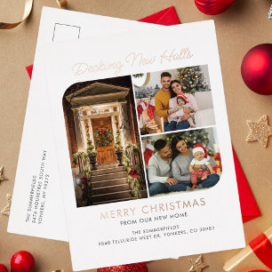 Postal Festiva Con Relieve Metalizado Nos hemos mudado Navidad familiar Rosa Dorado