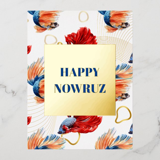 Postal Festiva Con Relieve Metalizado Nowruz Dancing Goldfish Trio Relieve metalizado po (Anverso)