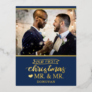 Postal Festiva Con Relieve Metalizado Nuestra primera Navidad como oro de mr y mr newlyw