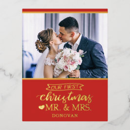 Postal Festiva Con Relieve Metalizado Nuestra primera Navidad como oro de mr y mrs newly