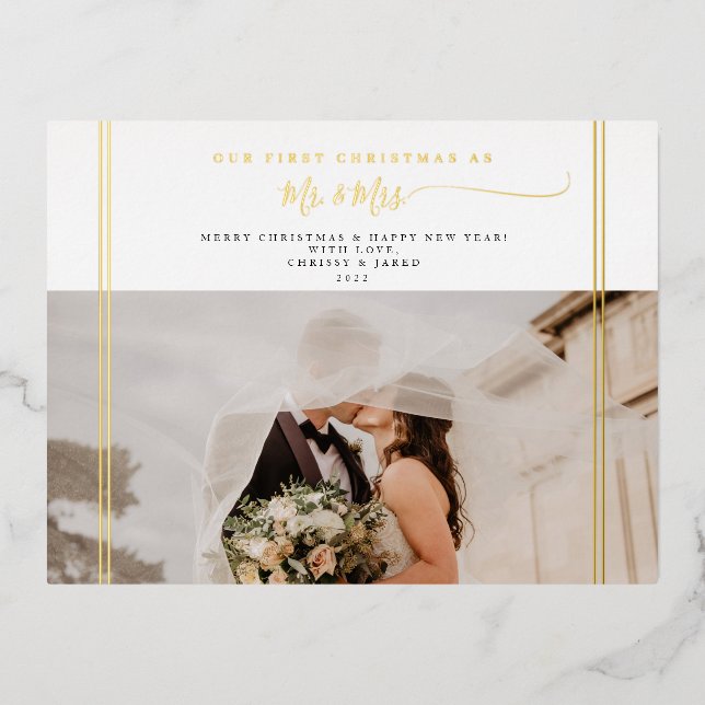 Postal Festiva Con Relieve Metalizado Nuestra Primera Navidad Como Sr. Y Sra. Photo (Anverso)
