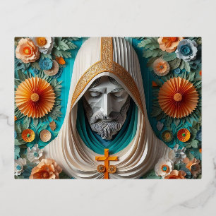 Postal Festiva Con Relieve Metalizado Nuestro Señor Cristo en papercraft se ve azul y na
