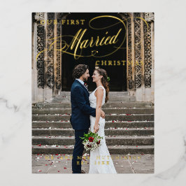 Postal Festiva Con Relieve Metalizado Nuestros primeros Navidades casados escriben Relie