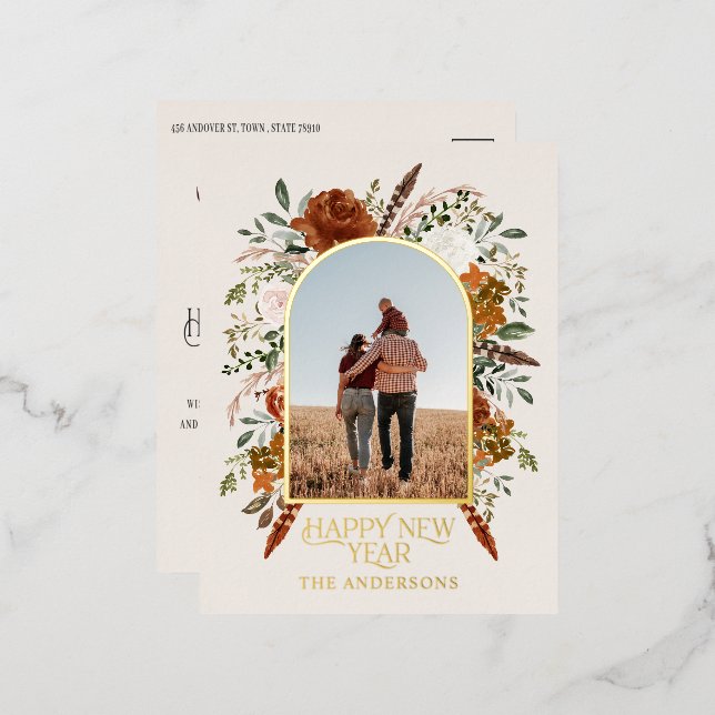 Postal Festiva Con Relieve Metalizado Nuevo año presupuesto botánico elegante tradiciona (Anverso/Reverso)