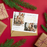 Postal Festiva Con Relieve Metalizado Nuevo hogar moderno para vacaciones dos fotos mudá<br><div class="desc">Postal moderna y elegante de Invitación fotográfica móvil con un dibujo de tres adorables árboles de Navidad verde,  letras de escritura caligráficas casuales y dos fotos familiares que se pueden personalizar.</div>