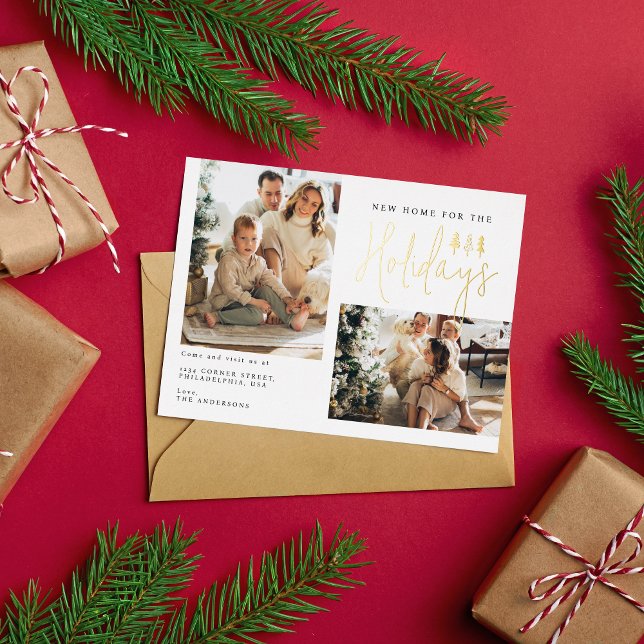 Postal Festiva Con Relieve Metalizado Nuevo hogar moderno para vacaciones dos fotos mudá (Subido por el creador)