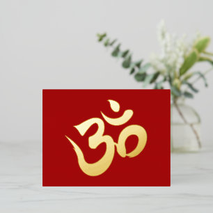 Postal Festiva Con Relieve Metalizado OM Dorado Sobre Rojo Oscuro