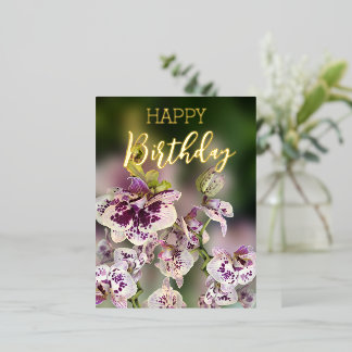 Postal Festiva Con Relieve Metalizado Orchids Tropical Floral Happy Birthday Real Gold  