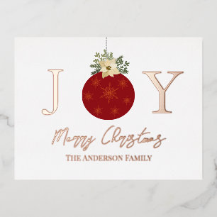 Postal Festiva Con Relieve Metalizado Ornamento rojo Feliz Navidad JOY Rosa de oro