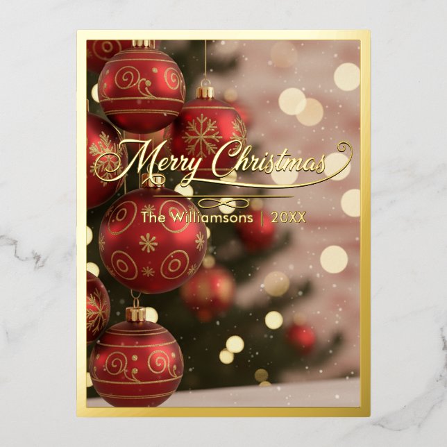 Postal Festiva Con Relieve Metalizado Ornamentos rojos de Feliz Navidad con nombre (Anverso)