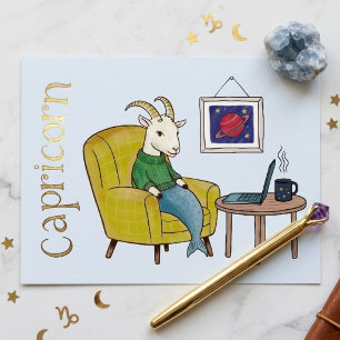 Postal Festiva Con Relieve Metalizado Oro Celestial con Lámina de Capricornio Cabra de M
