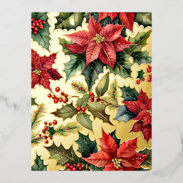 Postal Festiva Con Relieve Metalizado Oro de los Navidades botánicos de Poinsettia Roja