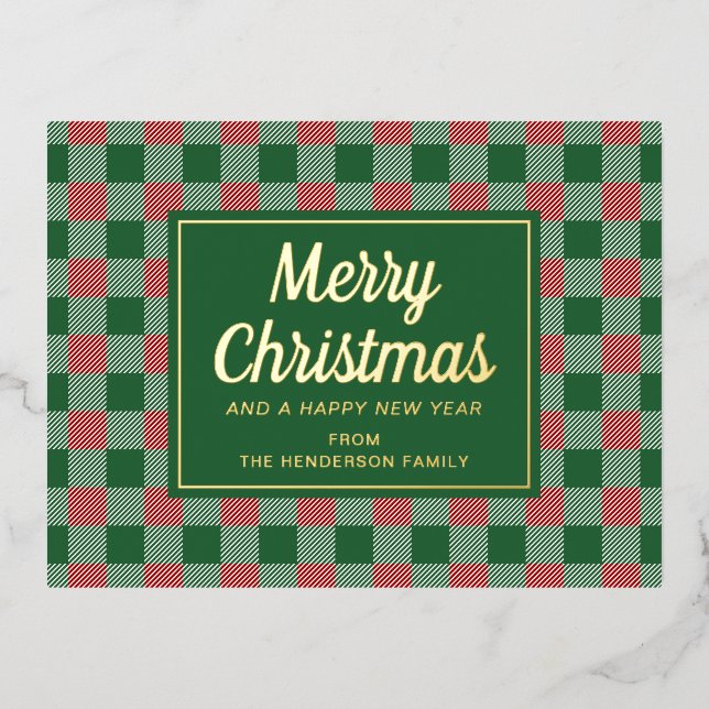 Postal Festiva Con Relieve Metalizado Oro de los Navidades de Green Plaid (Anverso)