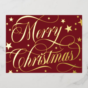 Postal Festiva Con Relieve Metalizado Oro Estrellado Rojo Oscuro Feliz Navidad Hoja de F