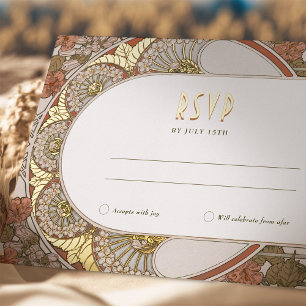 Postal Festiva Con Relieve Metalizado Oro Otoño RSVP Insertar Art Nouveau vintage