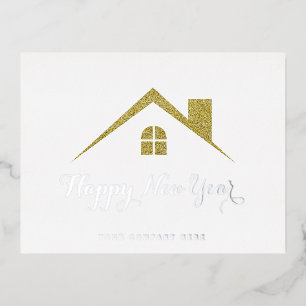 Postal Festiva Con Relieve Metalizado Oro Plata Feliz Año Nuevo Inmobiliario