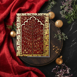 Postal Festiva Con Relieve Metalizado Oro rojo del árbol sagrado oriental