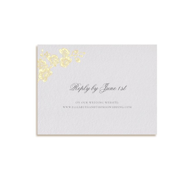 Postal Festiva Con Relieve Metalizado Orquídea Verte Respuesta Formal Boda de Marfil (formal wedding reply card rsvp orchids gold foil modern classic traditional art ivory elegant)