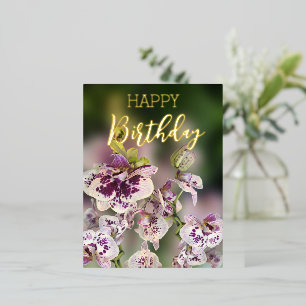 Postal Festiva Con Relieve Metalizado Orquídeas Cumpleaños Feliz Floral Tropical Oro Rea
