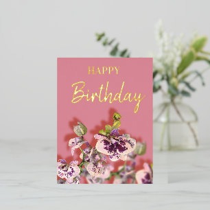 Postal Festiva Con Relieve Metalizado Orquídeas Tropical Floral Feliz Cumpleaños Real Or