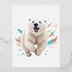 Postal Festiva Con Relieve Metalizado Oso Polar Feliz Diversión Jugativa Jugando Aire Al