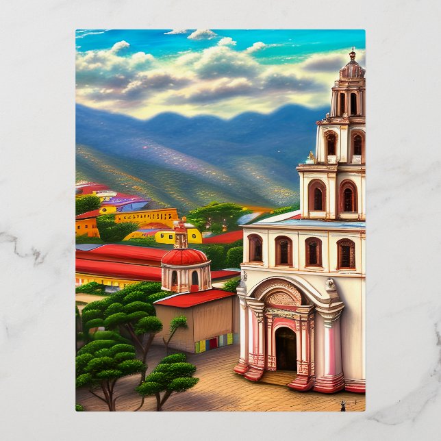 Postal Festiva Con Relieve Metalizado Paisaje de México (Anverso)