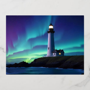 Postal Festiva Con Relieve Metalizado Paisaje del faro Costa Océano Aurora Noche