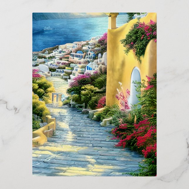 Postal Festiva Con Relieve Metalizado Paisaje griego (Anverso)
