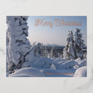 Postal Festiva Con Relieve Metalizado Paisaje invernal nevado de Navidad