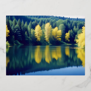 Postal Festiva Con Relieve Metalizado Paisaje Panorámico Bosque Lago Natural Tranquilo