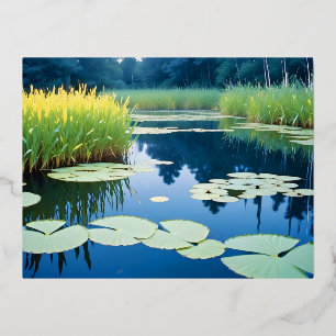 Postal Festiva Con Relieve Metalizado Paisaje Panorámico Bosque Lago Natural Tranquilo
