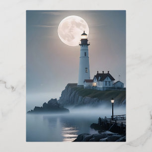 Postal Festiva Con Relieve Metalizado Paisaje pintoresco del faro de la costa del mar