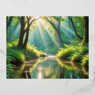 Postal Festiva Con Relieve Metalizado Paisaje pintoresco Río Panorámico Calma