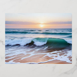 Postal Festiva Con Relieve Metalizado Paisaje playero Sunset Dusk Tranquilidad Relax