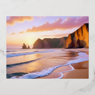 Postal Festiva Con Relieve Metalizado Paisaje playero Sunset Dusk Tranquilidad Relax