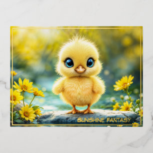 Postal Festiva Con Relieve Metalizado Pájaro dulce primavera pradera flores amarillas