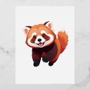 Postal Festiva Con Relieve Metalizado Panda Rojo Feliz Diversión Jugadora Saltando En Al