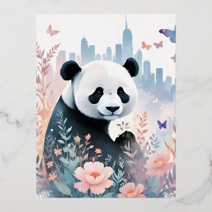 Postal Festiva Con Relieve Metalizado Panda Vintage Animal Nature Environment City Art