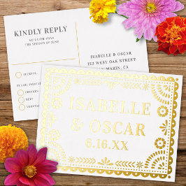 Postal Festiva Con Relieve Metalizado Papel Picado Neutral Foil Wedding Reply RSVP Card