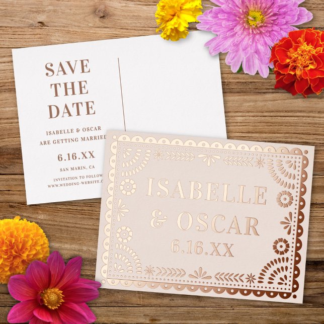 Postal Festiva Con Relieve Metalizado Papel Picado Neutral Foil Wedding Save The Date (Subido por el creador)