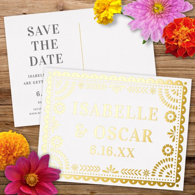 Postal Festiva Con Relieve Metalizado Papel Picado Neutral Wedding Save The Date Card (Subido por el creador)